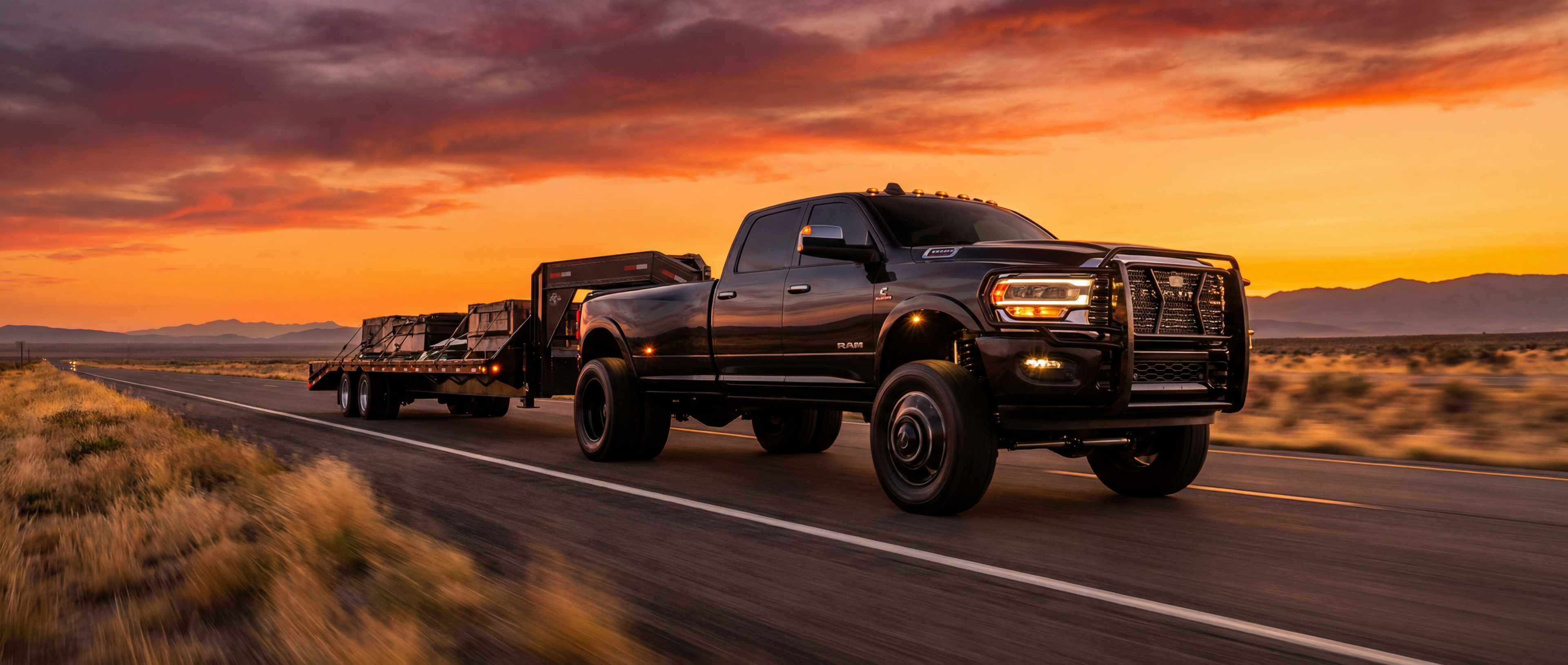 Powerful hotshot truck on highway